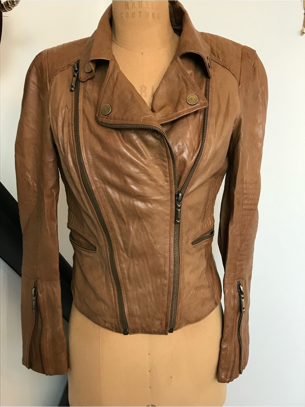 BCBGMaxAzria Cognac Leather Asymmetric Moto Jacket